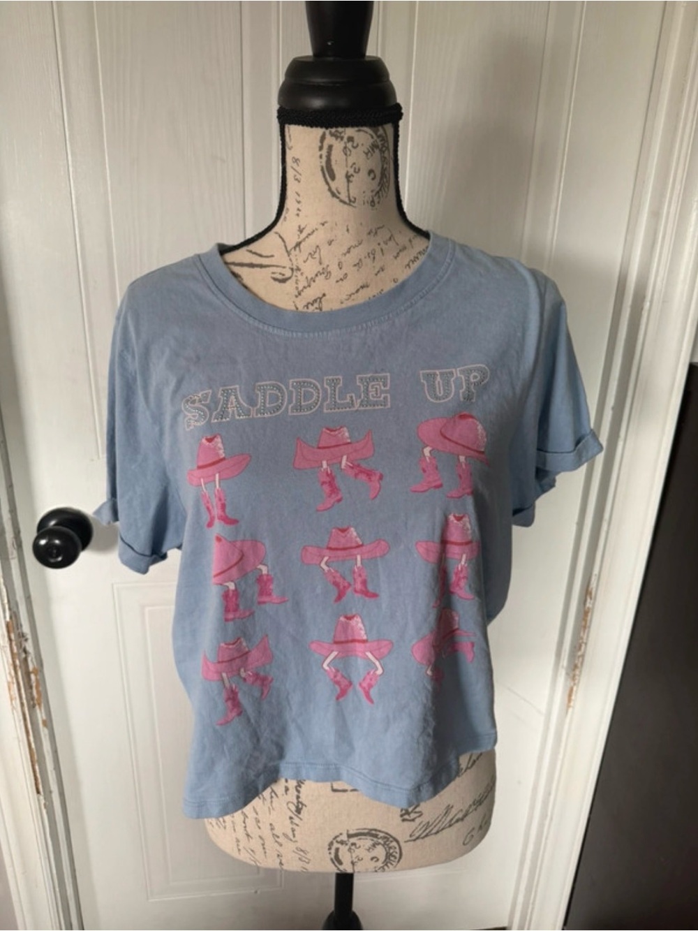 Source Unknown Light Blue "Saddle Up" Graphic Tee with Pink Cowboy Prints